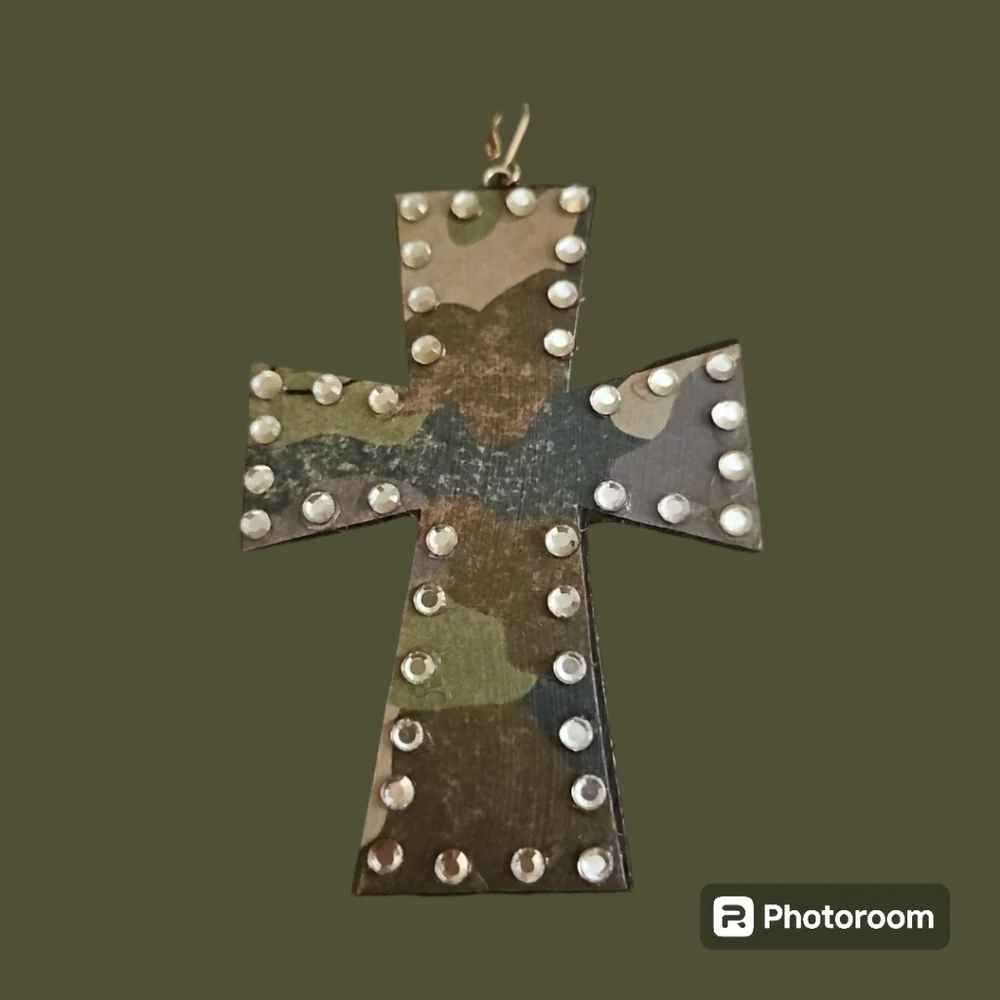 3/$30 Bedazzled Camouflage Wood Cross Pendant